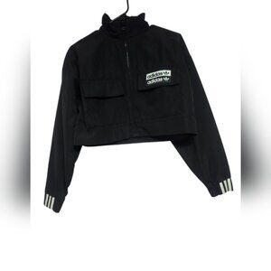 Adidas Black Cropped Windbreaker Jacket with Sporty Stripes